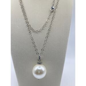 *Imperfect* LOFT Silver Tone Large Faux Pearl w/ Rhinestones Pendant Necklace